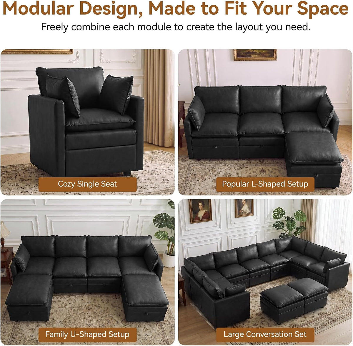 27" Black Faux Leather Storage Ottoman, Large Square Footrest for Couch
