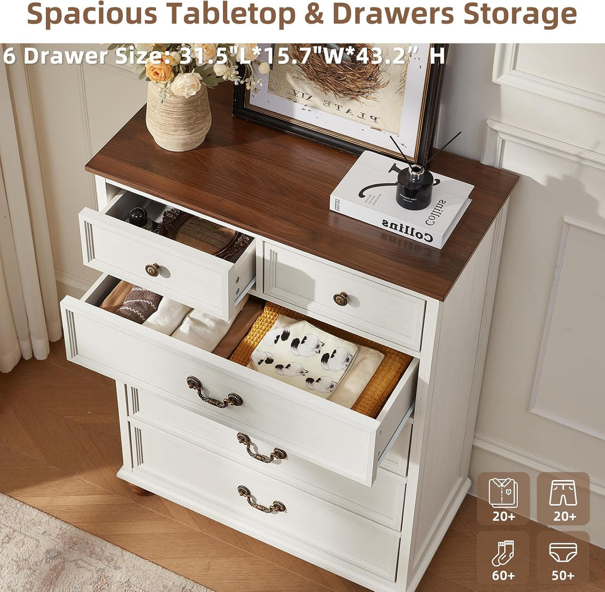 Joaxswe Farmhouse 6 Drawer Dresser Set of 2 for Bedroom, 42" Tall Rustic Chests of Drawers w/ 4 Solid Wood Feet, Mid Century Vintage Wooden Closet Storage Dressers Organizer for Living Room,White
