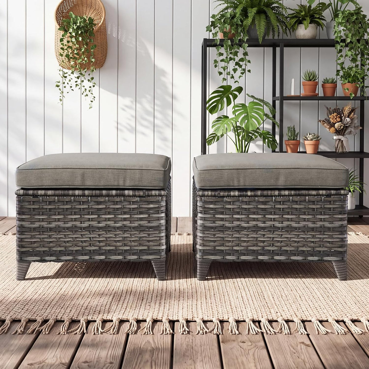 Rilyson Luxury Outdoor Wicker Patio Ottomans Set of 2, 250 lbs Capacity Rattan Large Ottomans for Patio Footrest Set 22.8in*22.8in*14in with 3.5in Thick Cushion (Mixed Grey/Grey)