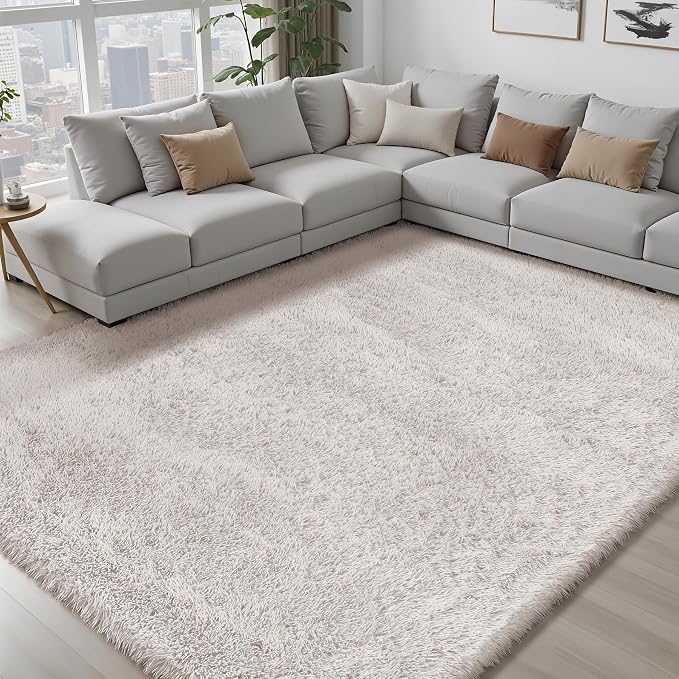 8x10 Area Rugs for Living Room Bedroom: White Soft Fluffy Shag Upgrade Non-Slip