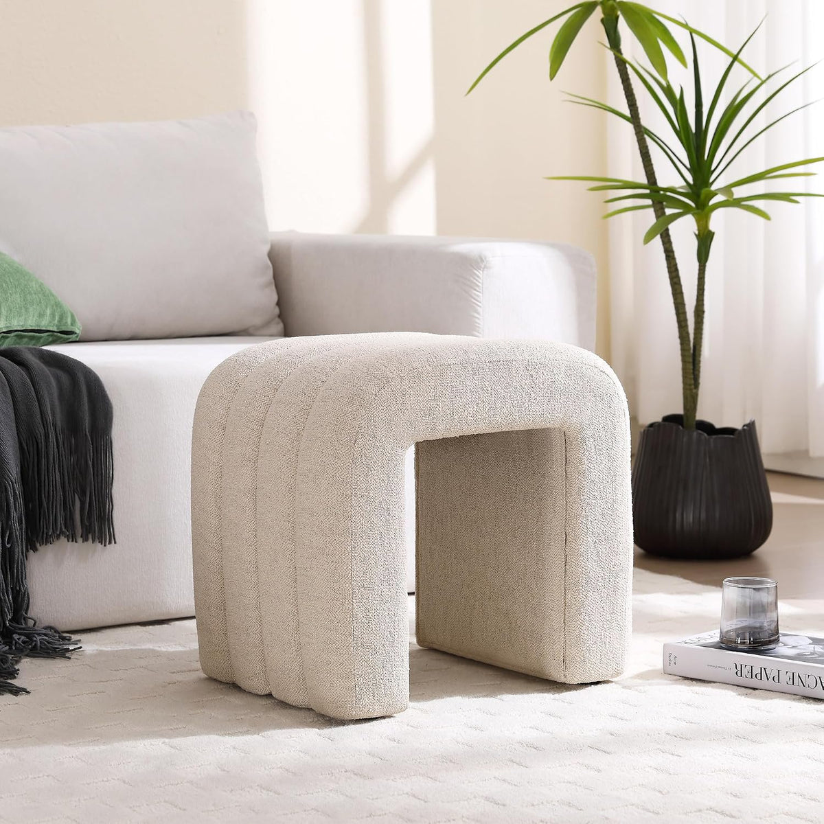 ONEVOG Beige Pouf Ottoman, Foot Rest for Couch 18 inch Cute Vanity Chair for Makeup, Sturdy Frame, Living Room Decor, Upholstered Footrest for Dorm, Bedroom