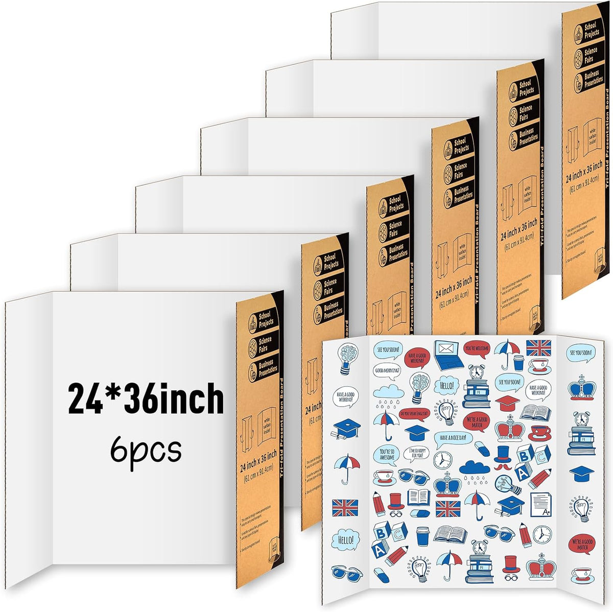 IKAYAS 6 Pack Trifold Poster Board 24" X 36" White Science Display Board