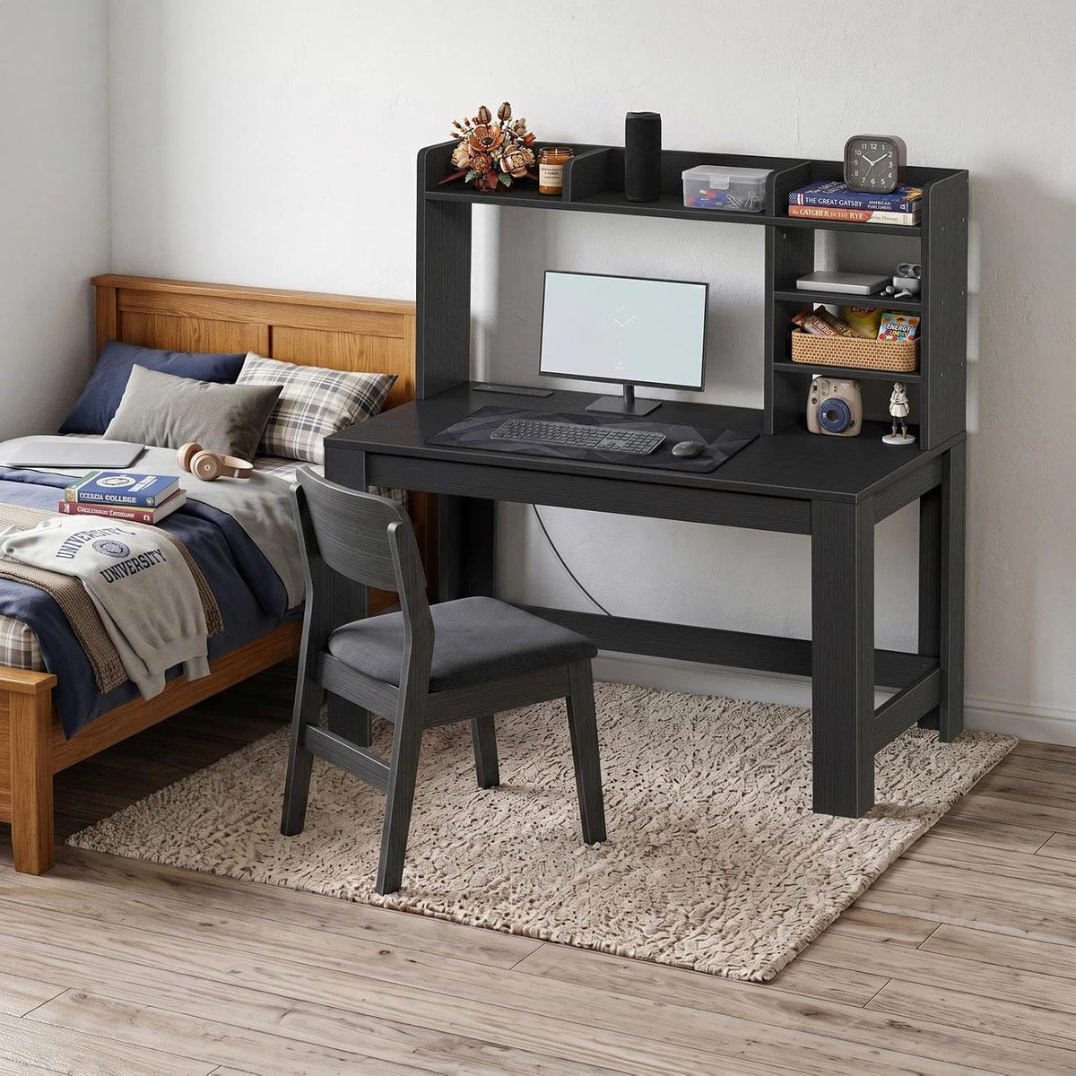WINAZ 43" Black Gaming Desk with Hutch and Built-in Power Outlet