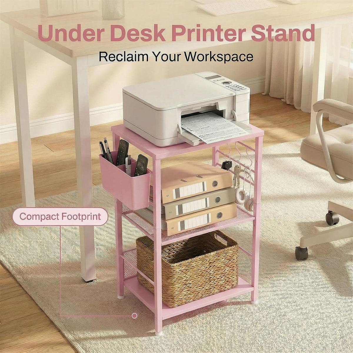 ECOLOVI Small 3 Tier Printer Stand for Under Desk, Height Adjustable Shelf Printer Table with 3 S-Hooks & Basket, Heavy Duty Industrial Storage Shelf for Home Office (Deep Pink)
