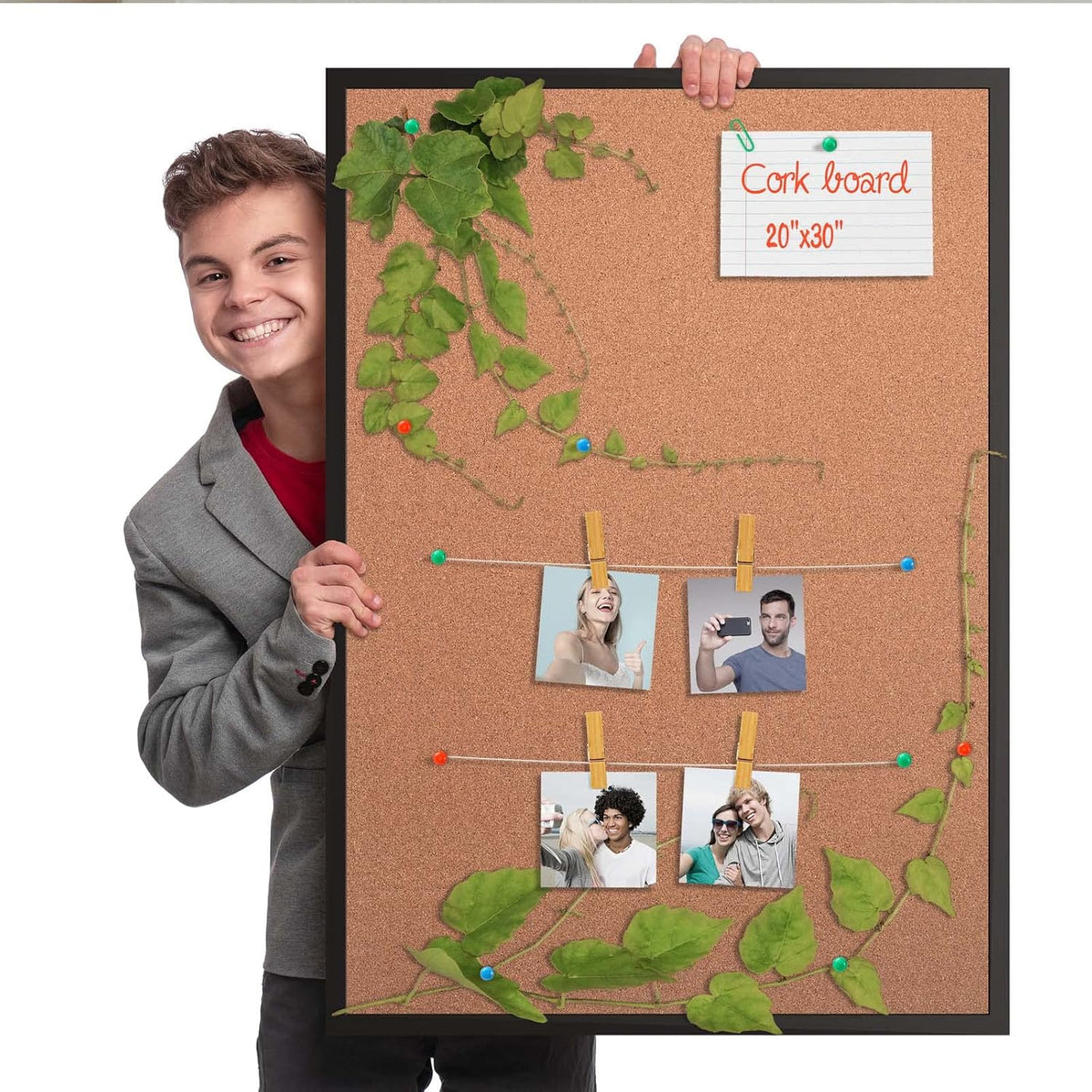 Cork Board Bulletin Board 20“ x 30”, Black Wood Framed Corkboard, Office Board for Wall Cork, Large Wall Mounted Notice Pin Board with 16 Push Pins for School, Home & Office
