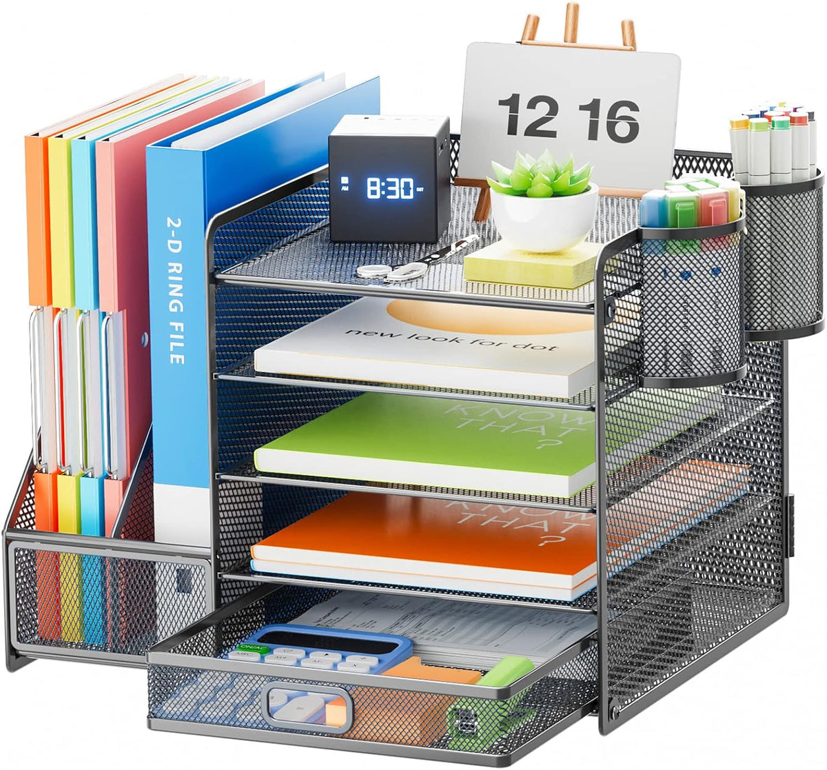 Marbrasse 5-Tier Paper Letter Tray Organizer with Drawer and Pen Holder, Mesh Desktop Organizer and Storage with Magazine Holder for Office Supplies (Grey)