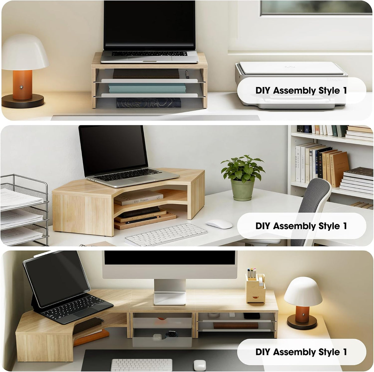 Fenge 14.3-Inch Monitor Stand with Slide-Out Trays, Wood & Metal Desk Shelf