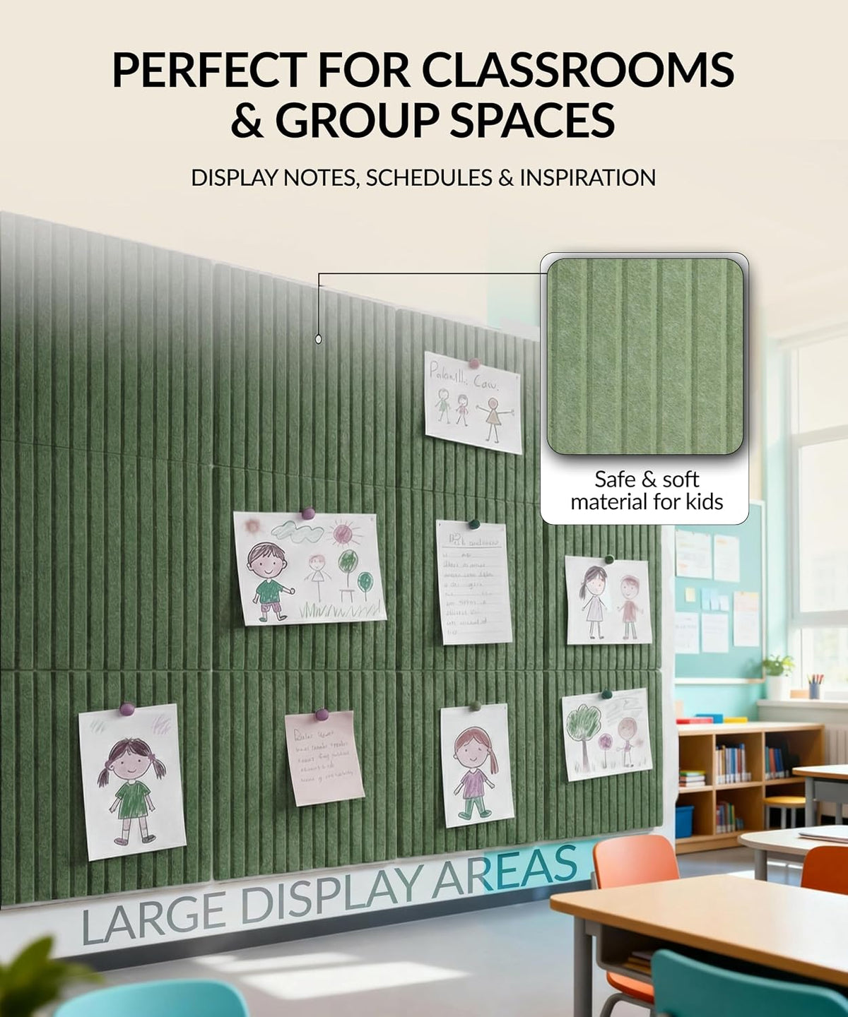 Large Cork Board Alternative 48" x 36" with Push PINS & Wall Safe Adhesive Tabs – Push pin Board for Walls in Home or Office, Felt Bulletin Board Tiles, Versatile Felt Board Layout, sage Green