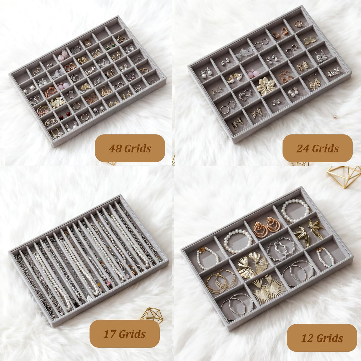 Large Velvet Jewelry Drawer Organizer Trays Set of 4