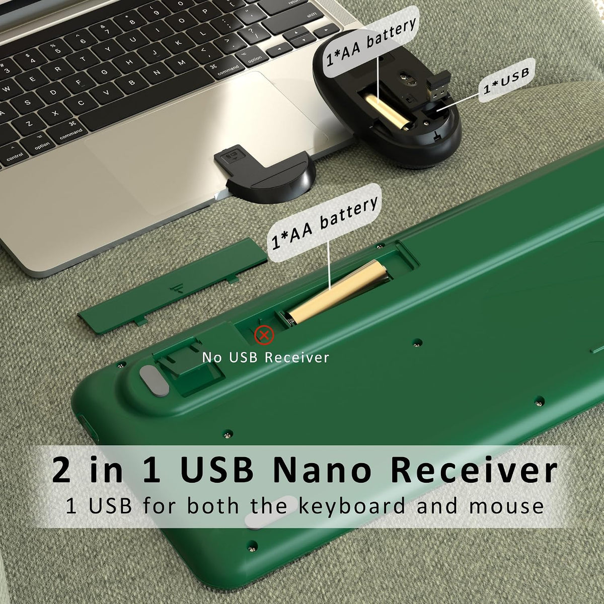 Retro Wireless Keyboard and Mouse Combo with Wrist Rest (Dark Green)