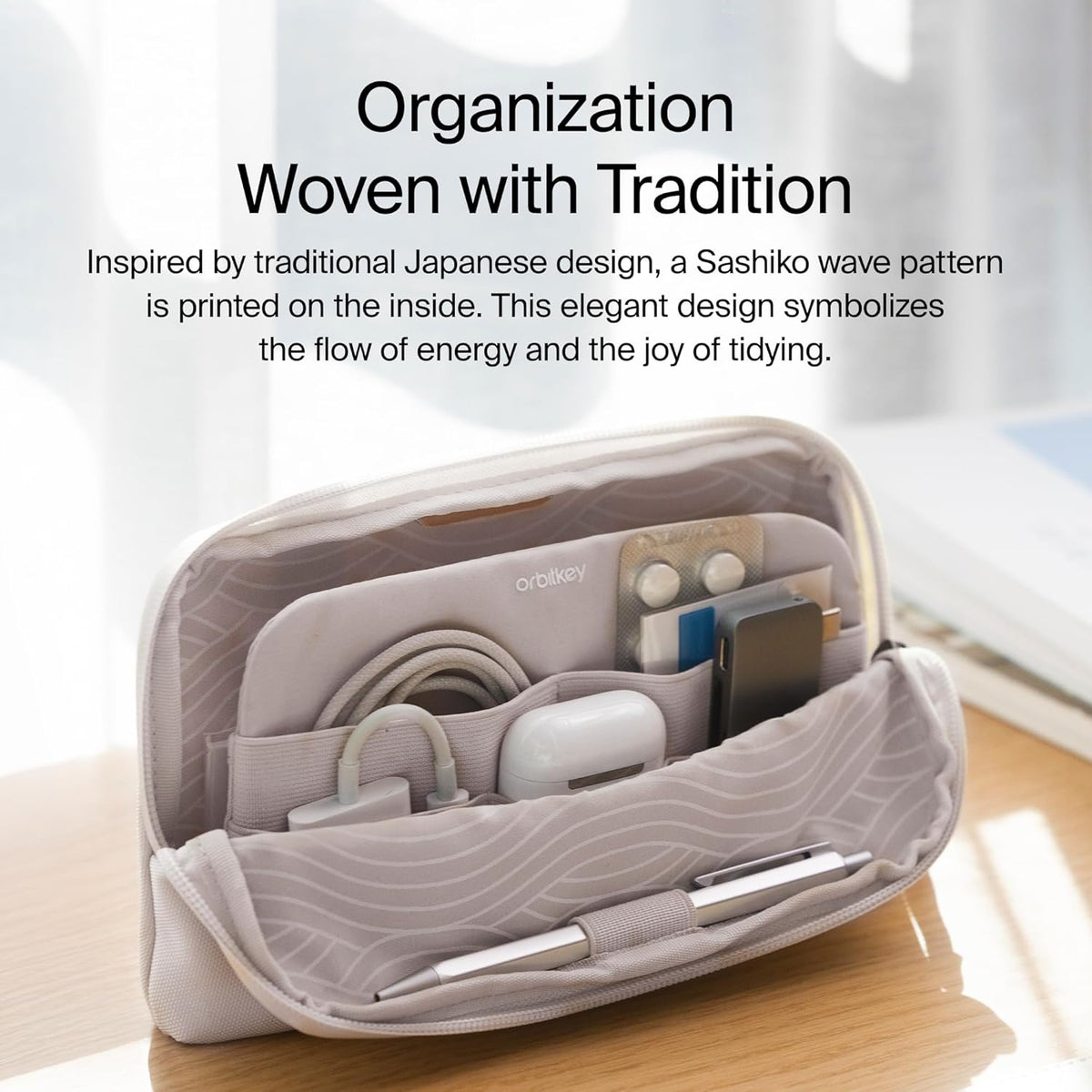 orbitkey KonMari Desk Pouch - Stone Portable Tech Organizer