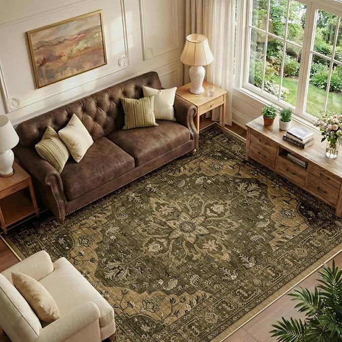 RELEANY Area Rugs 6'x9' Washable Non-Slip, Floral Vintage Distress Medallion