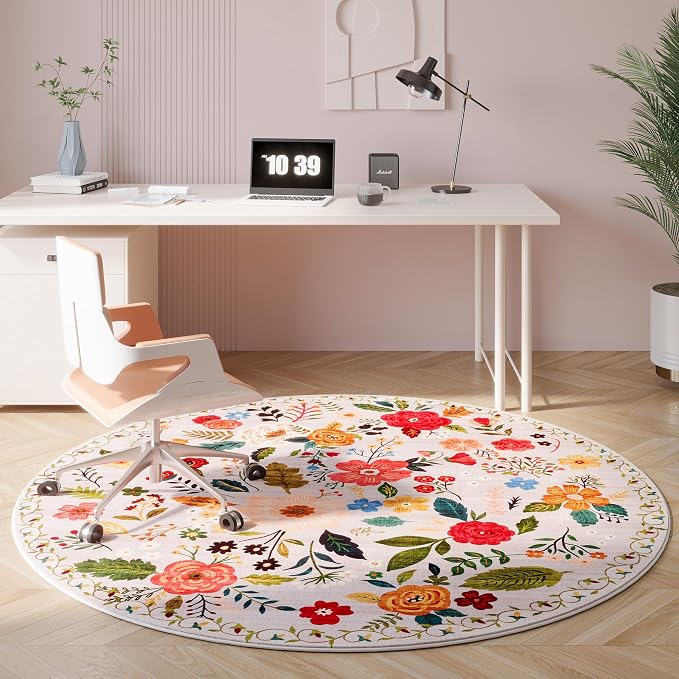 Rugcomf Round Rug 4ft Washable Circle Rug Non Slip Low Pile Boho Floral Small