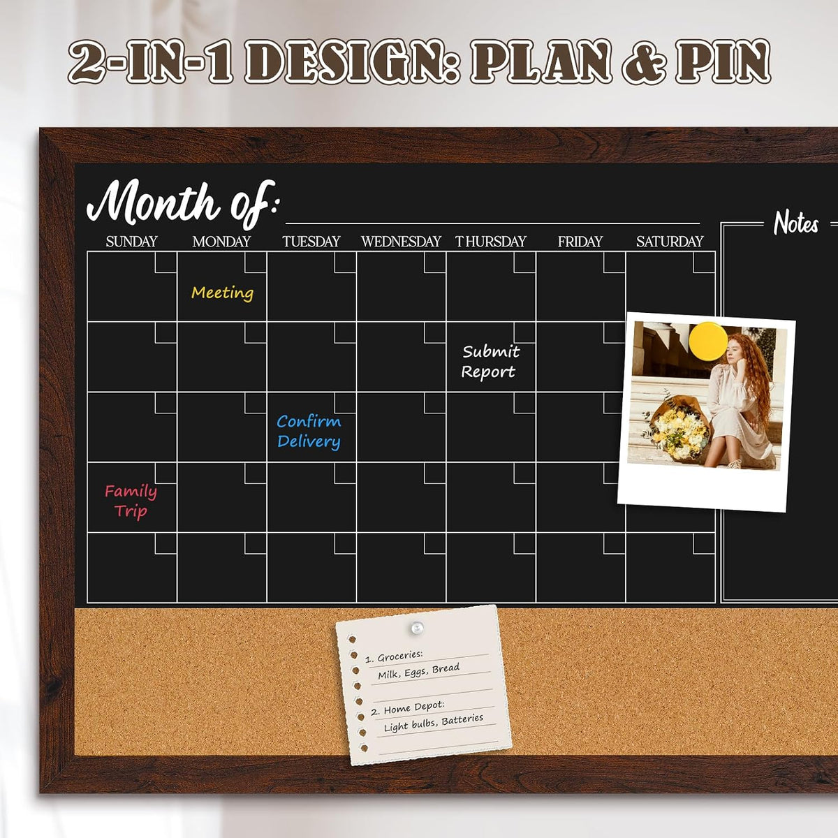 4 THOUGHT Chalkboard Calendar Corkboard Combo 36" x 24", Rustic Brown