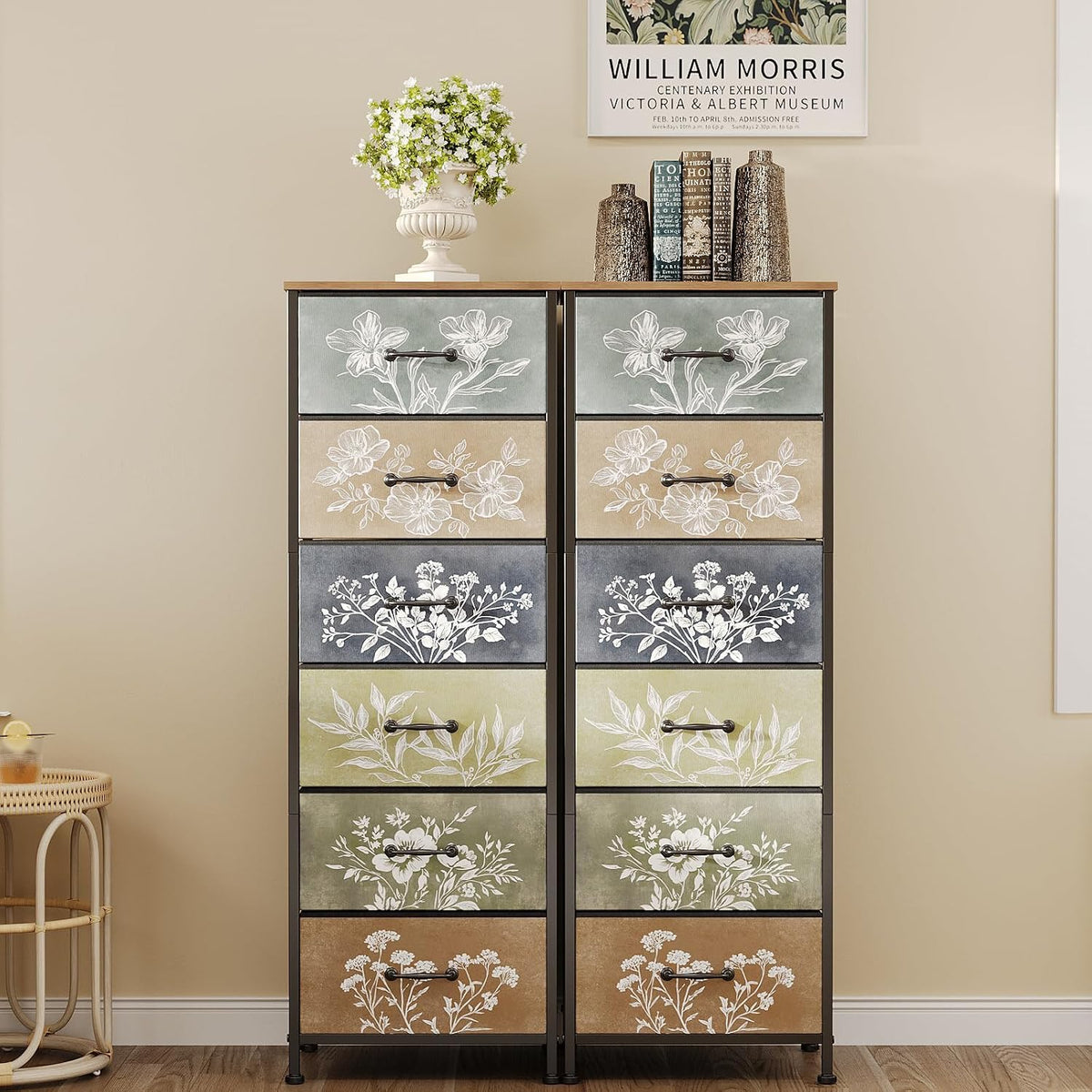 Tohomeor Vintage Dresser Vertical Nightstand with Neutral Botanical Plant Fabric Chest Drawers for Closet Bathroom Storage Tower Unit Bed Side Organizer Farmhouse Rustic (Rustic Brown, 6 Drawers)