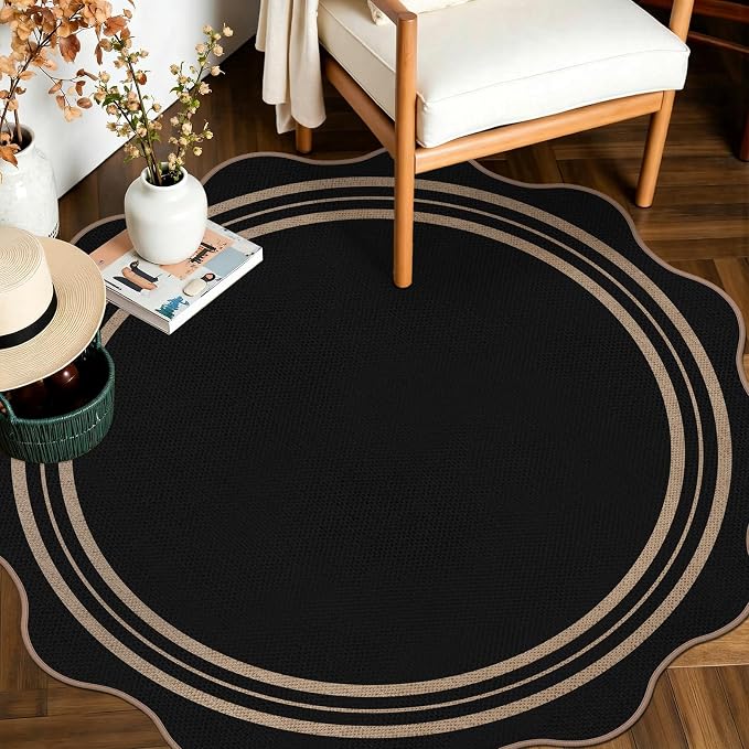 Scalloped Round Entryway Rug 4ft, Indoor Outdoor Patio Rug Washable Farmhouse