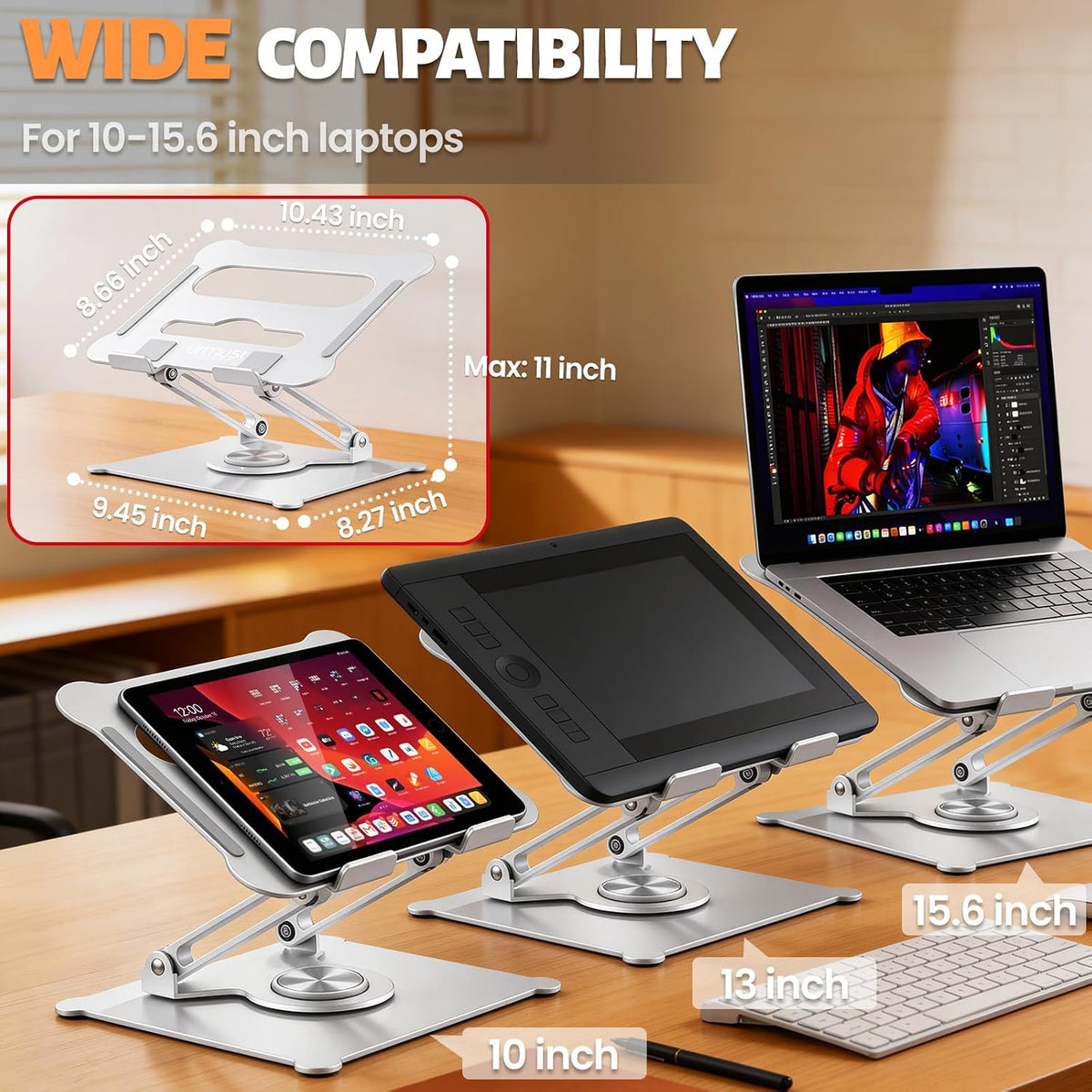 Urmust 360° Rotating Laptop Stand for Desk, 10-15.6“ Laptop Riser, Silver