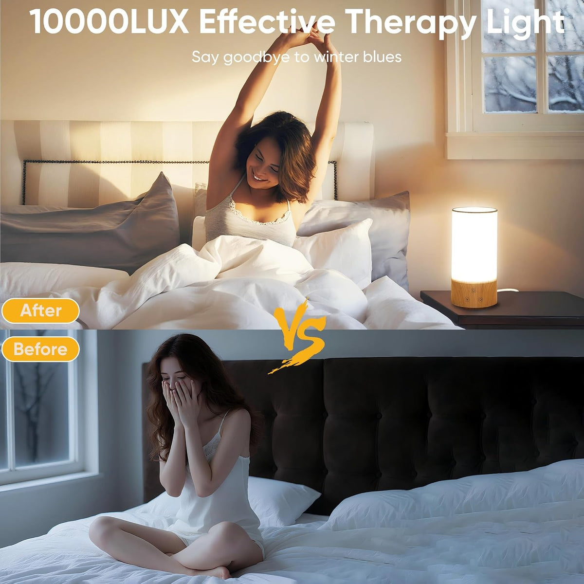 Caromolly Light Therapy Lamp, Happy Lamp 10,000 LUX UV Free with 3 Color Temperature & 5 Brightness Level, Full Spectrum Light Wood Base Round Flaxen Fabric Shade for Home, Office, White Linen