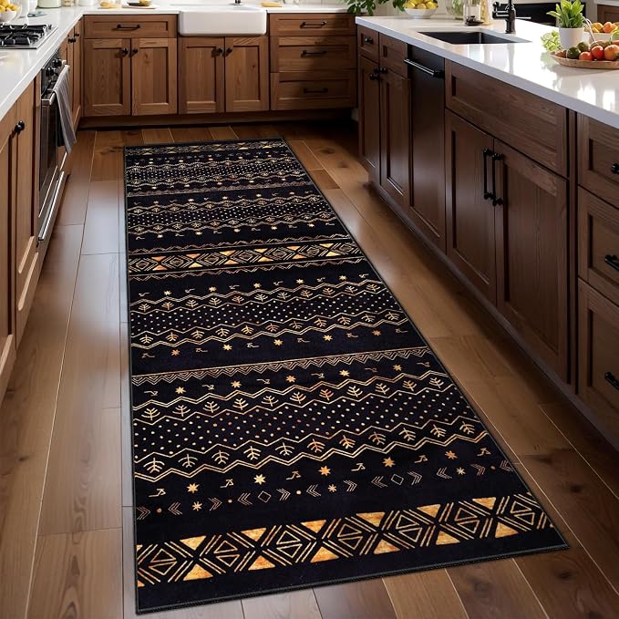 SERISSA 2x6 Kitchen Runner Rug, Washable Non-Slip Black and Gold Boho Rug