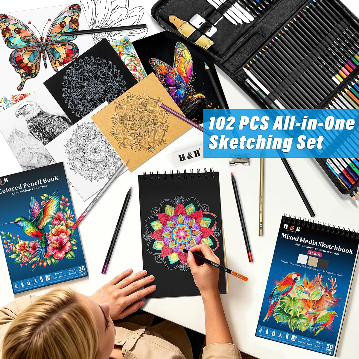 H & B 101PCS Sketching Kit Art Supplies for Adults with 3 Books & Zip Case
