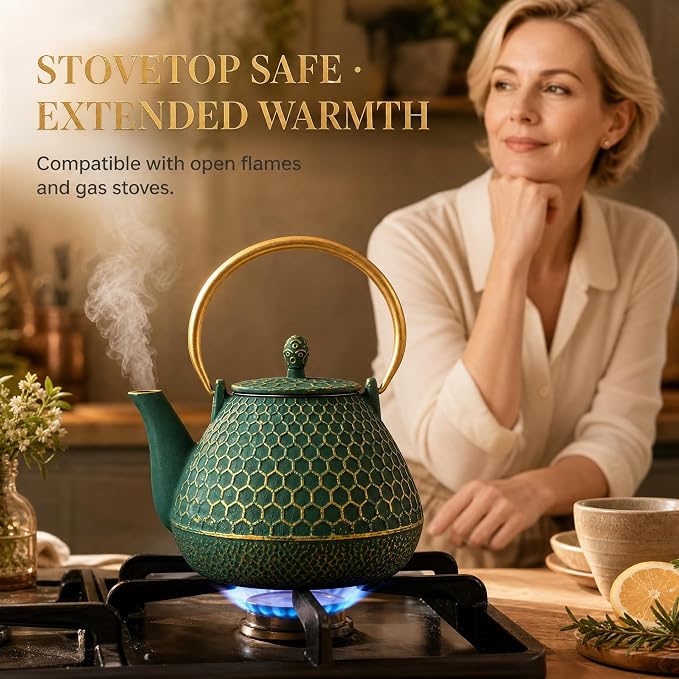 YJX 54oz Cast Iron Tea Kettle for Stovetop, Enameled Interior, Heavy and Durable