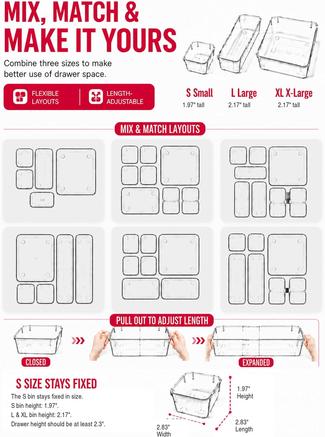 16 PCS Adjustable Expandable Clear Plastic Drawer Organizers 3-Size Set