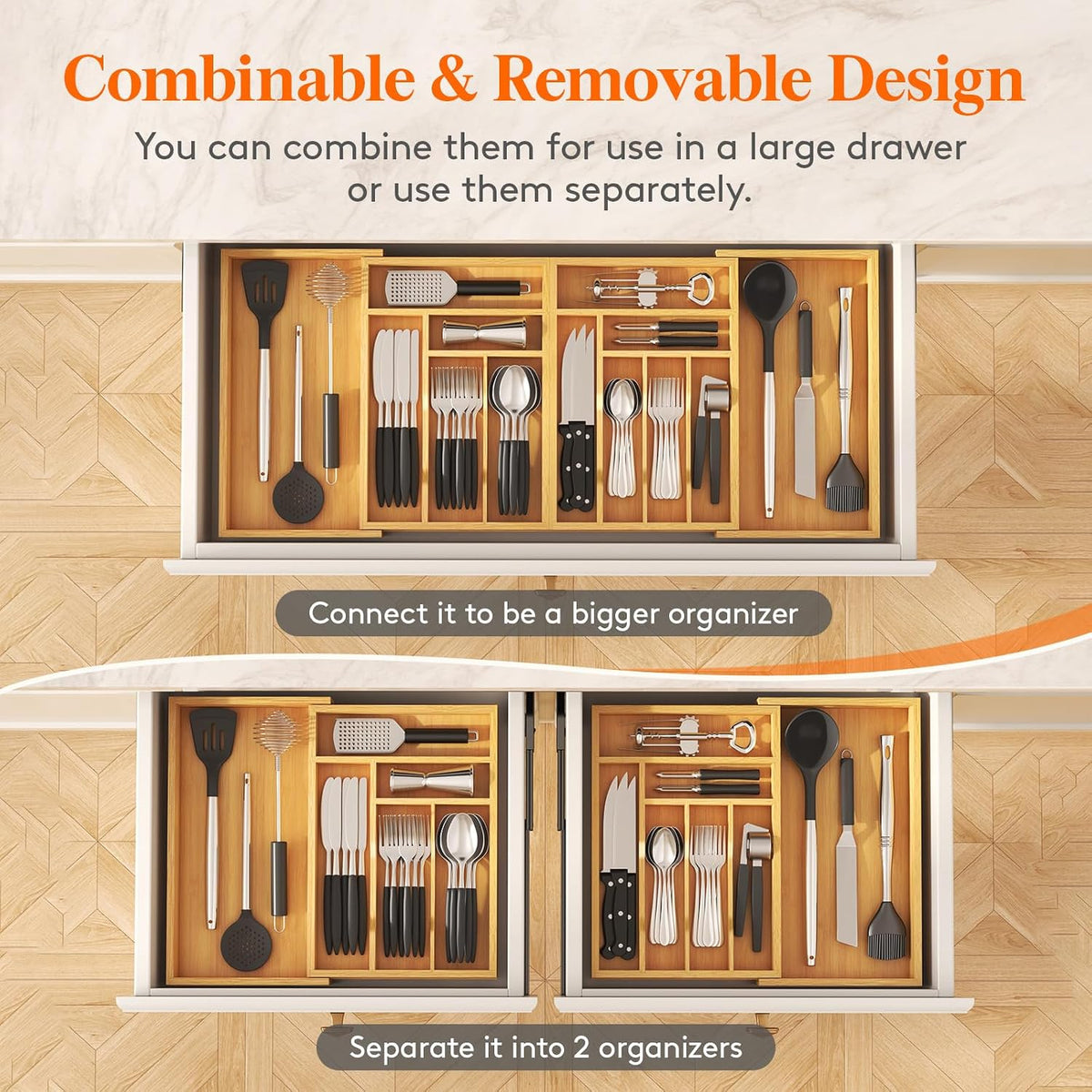 Lifewit Large Silverware Drawer Organizer, Bamboo Utensil Tray for Kitchen