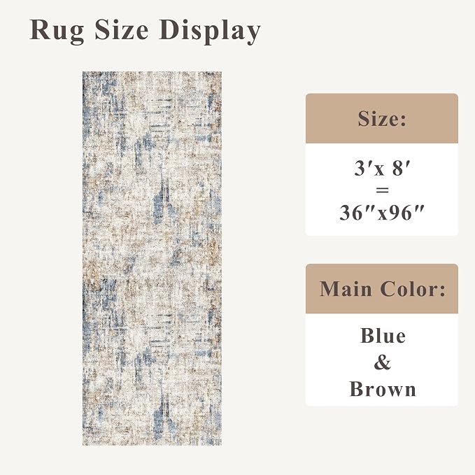 3x8 Washable Non-Slip Runner Rug Modern Abstract Neutral Wide Carpet Runner