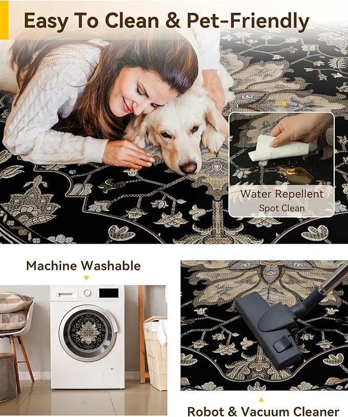 RELEANY Area Rugs Round 6ft Washable Non-Slip, Floral Vintage Distress