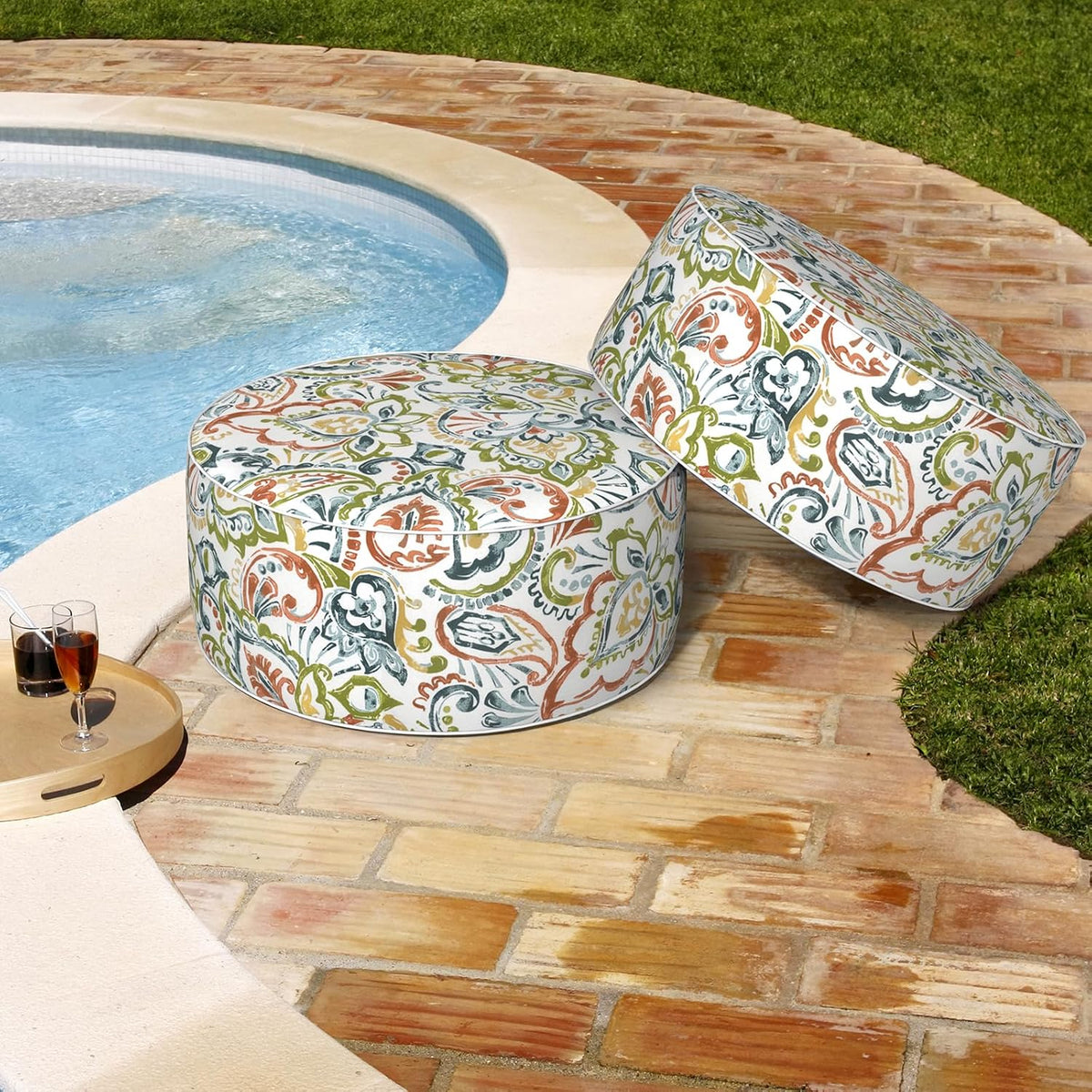 Outdoor Patio Inflatable Ottoman, 21x9 Inch Portable Stool Ottoman with Handle, Round Footrest Stool for Home Garden Camping, Paisley Botanical