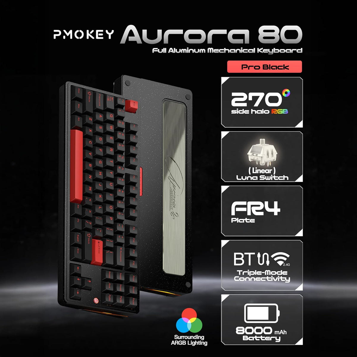 PMOKEY Aurora 80 CNC Full Aluminum Wireless Mechanical Keyboard with VIA/QMK, 8000mah Battery, Tri-Mode Wireless Gaming Keyboard Custom Hot Swappable RGB Backlit for Windows/Mac/PC (Pro Black)
