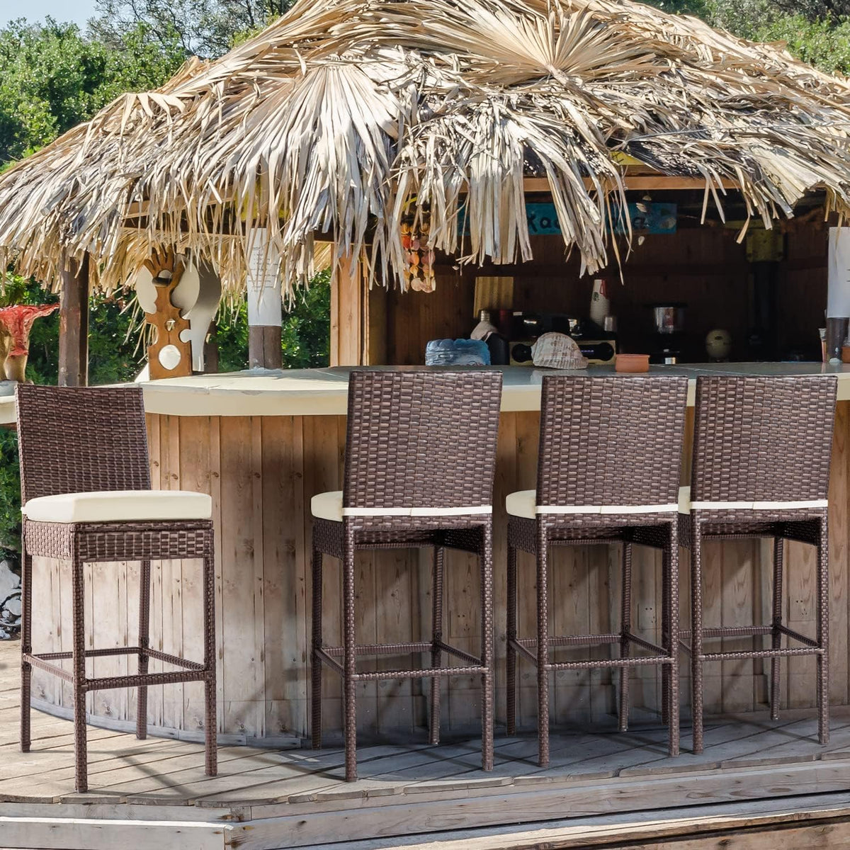 Outdoor Bar Stools Wicker Woven Patio Stools & Patio Bar Chairs Set of 4 Counter Bar Height Stools with Footrest Armless Cushion Beige All Weather Rattan Garden Stool for Pool Lawn Porch Backyard