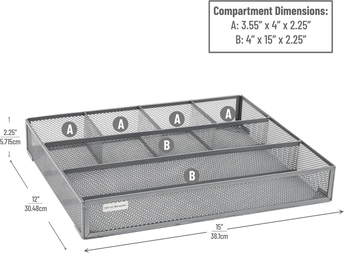 Mind Reader 6-Compartment Drawer Organizer, Metal Mesh Desk Organizer for Office, Kitchen, Utensils, Supplies, Set of 2, Silver