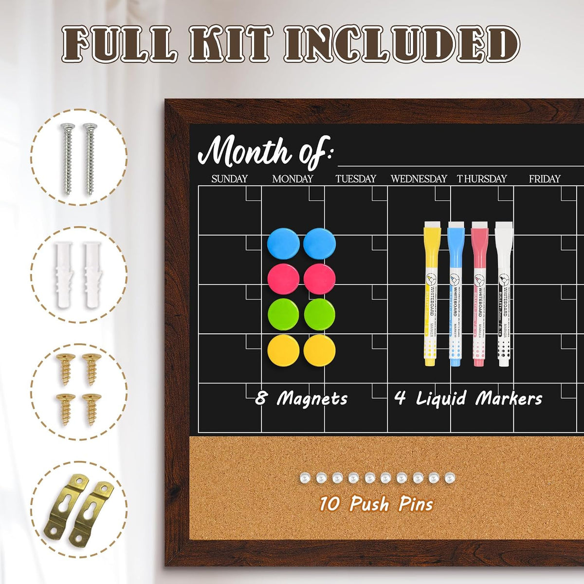 4 THOUGHT Chalkboard Calendar Corkboard Combo 36" x 24", Rustic Brown