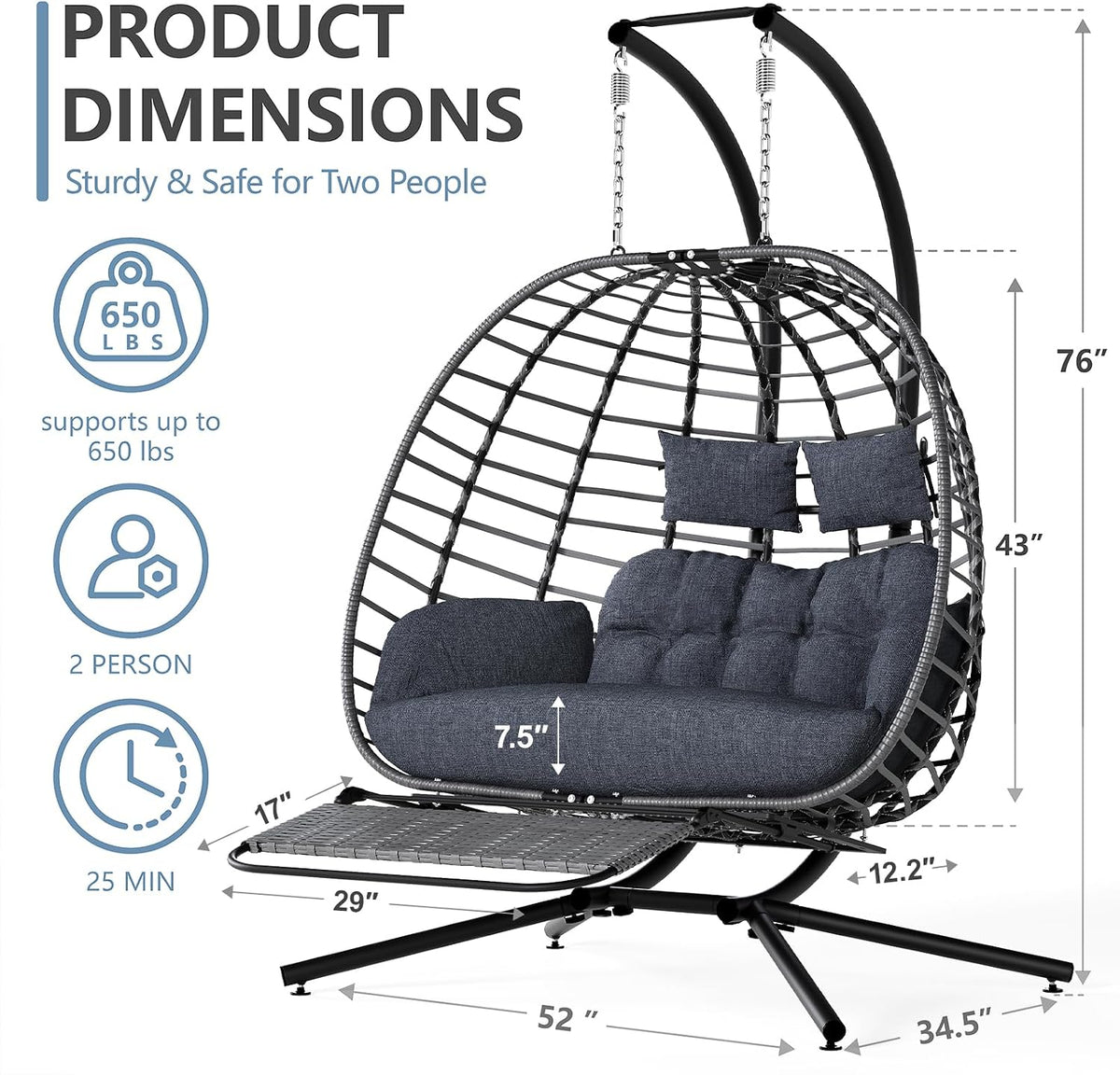 SWITTE Double Egg Chair Outdoor with Stand & Footrest, Patio Swing, Gray