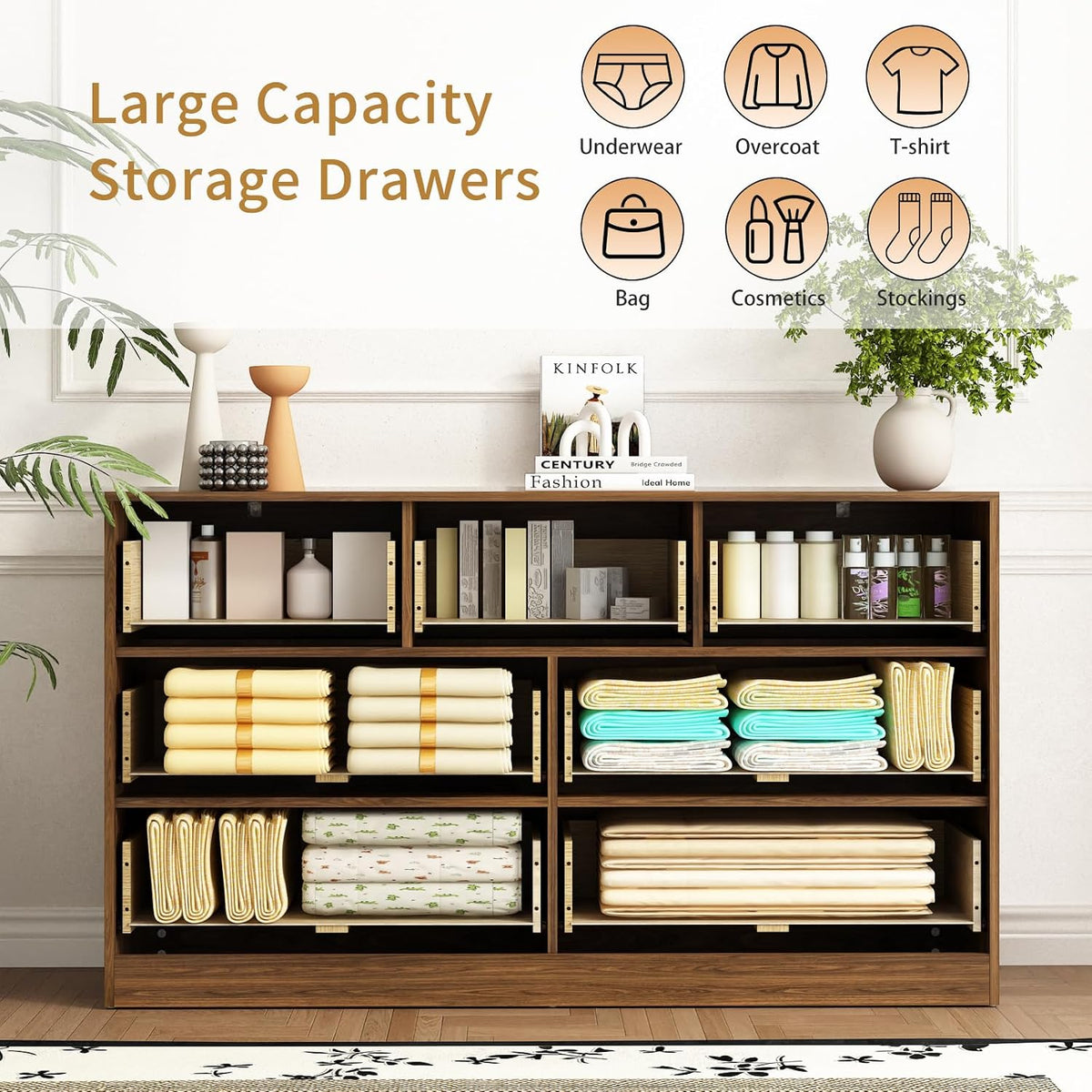 7 Drawer Fluted Dresser with Deep Drawers for Bedroom, Walnut丨55 Wide Mid Century Dresser, Modern Chest of Drawers, Wood TV Stand Storage Organizer for Closet, Living Room, Hallway