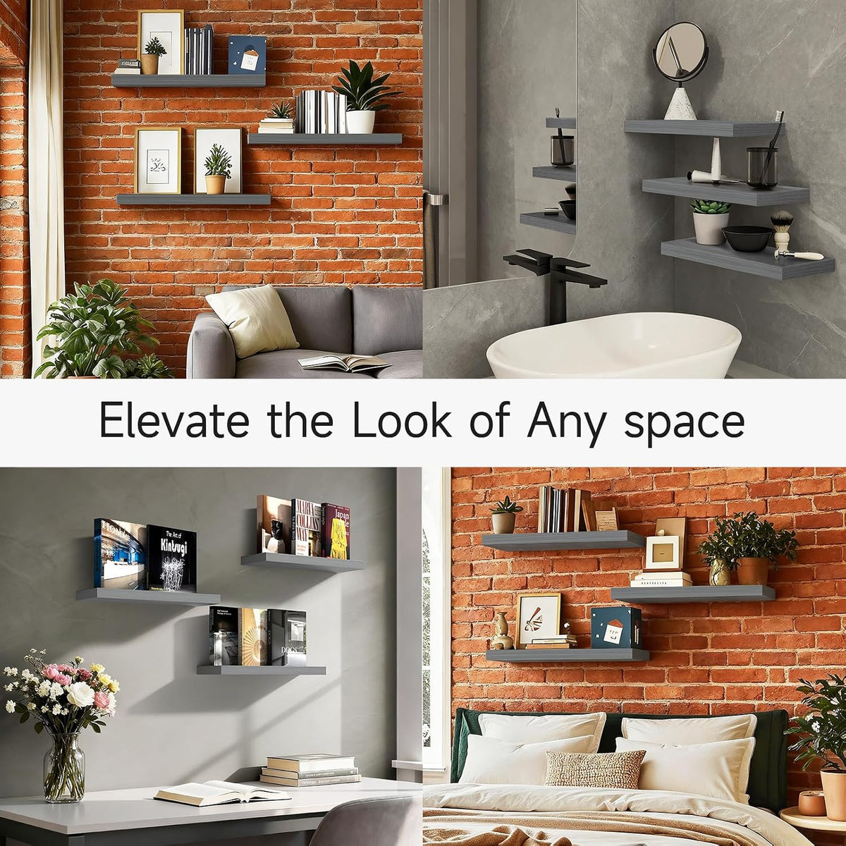 BAYKA Grey Floating Shelves 15.7in, Set of 3, Wall Mounted for Wall Decor