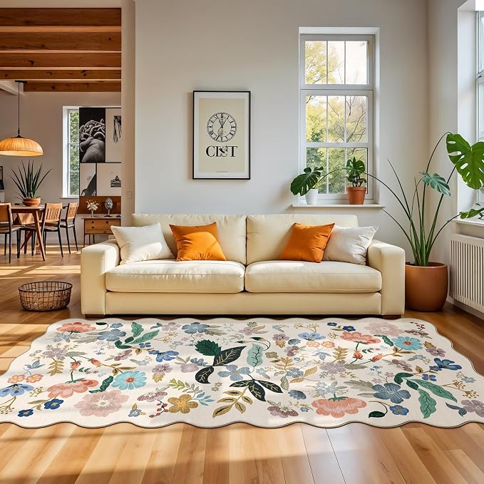 Washable 4x12 Wide Area Rug: Hallway Soft Floral Scalloped Carpet Water