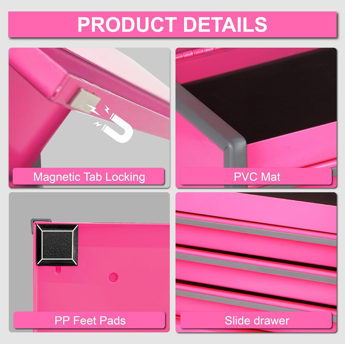 P.I.T. Mini Tool Box,3 Drawers Small Metal Toolbox for Tools Storage,Pink