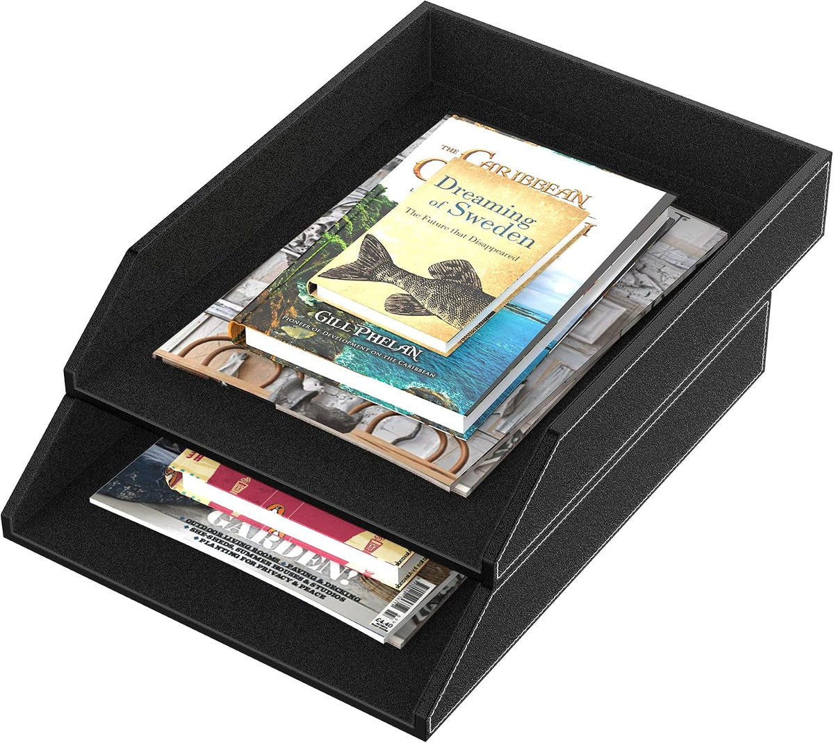 Leather Letter Tray, Thipoten Stackable Desk Organizer Holder for Office Supplies, Paper, File, Magazine, Perfect Office Organization for Desktop (Black-2Tiers)