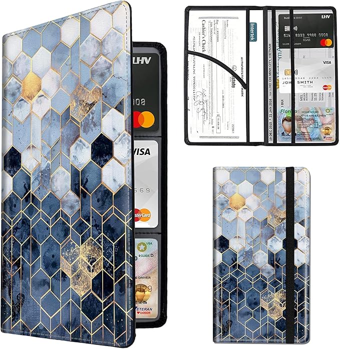 Car Registration and Insurance Card Holder, RFID Blocking Leather Auto Car Document Holder,Vehicle Glove Box Driver License Card Document Organizer for Men Women-Geometric Gold Marble