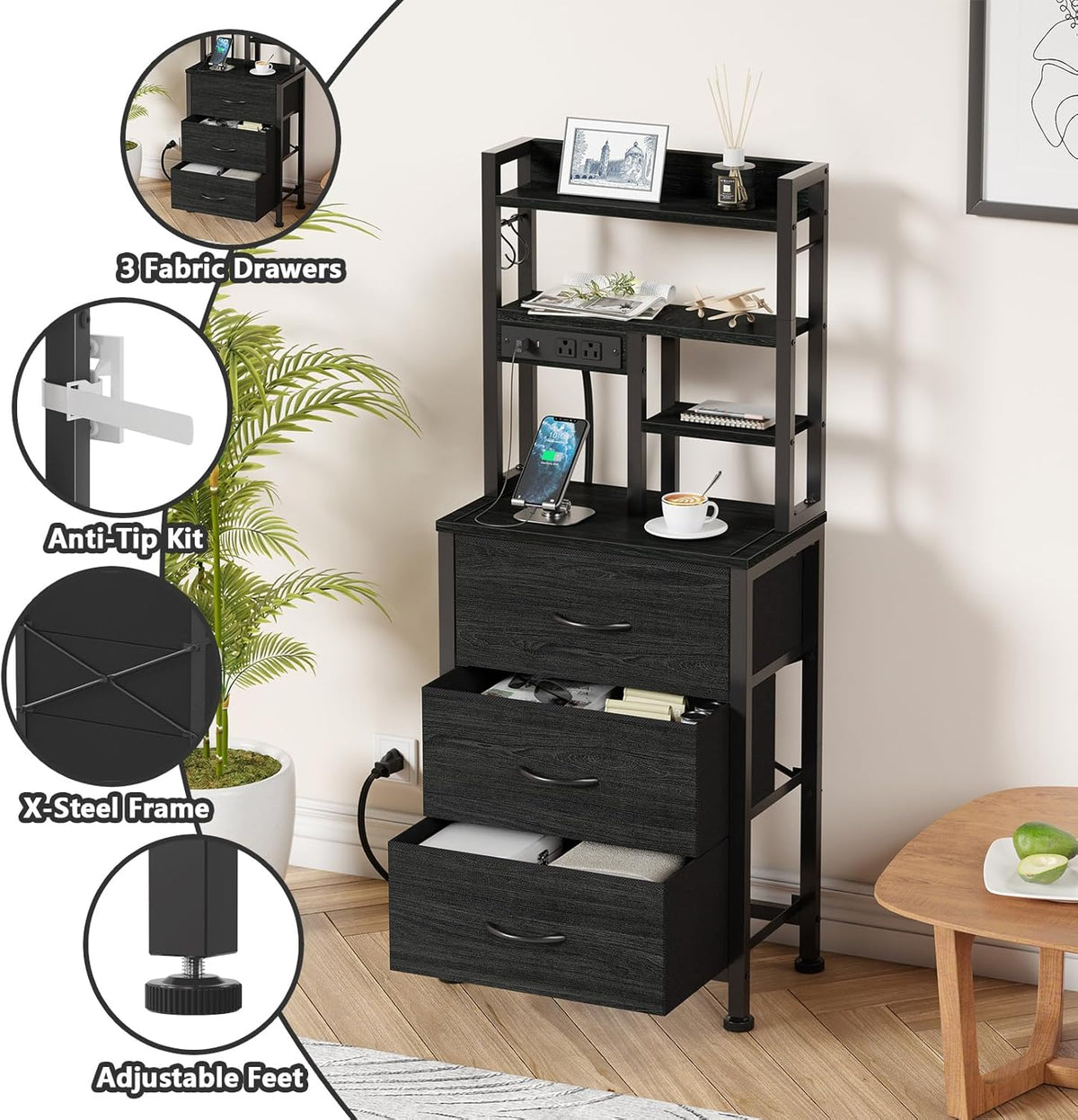 Furnulem Black Nightstand with Bookshelf, Tall Bedside Table & Night Stand