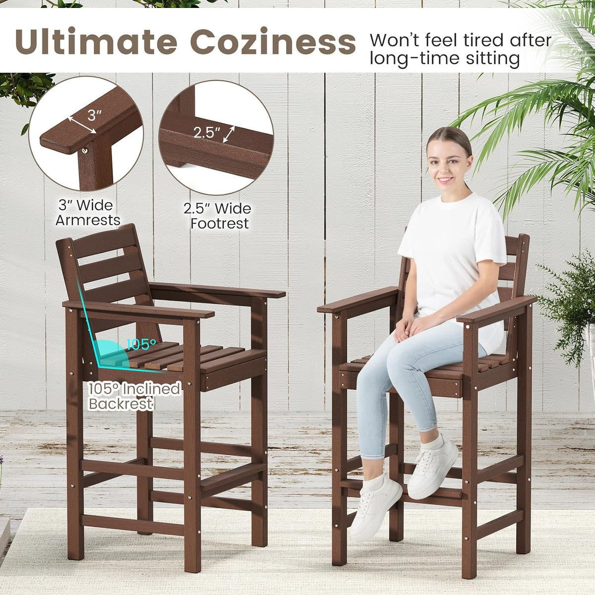 Tangkula Patio Adirondack Chairs Set of 2, HDPE Bar Height Chair with Wide Armrests & Footrest, Outdoor High-Top Slatted Bar Chairs with Backrest for Backyard, Lawn, Poolside (Brown)