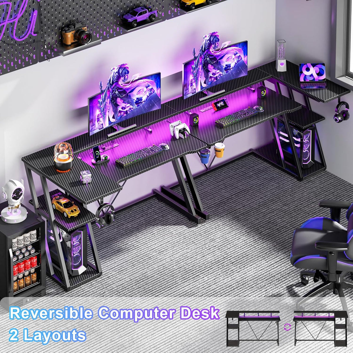Korfile 47 Inch Gaming Desk with Power Outlet, LED, Carbon Fiber Black