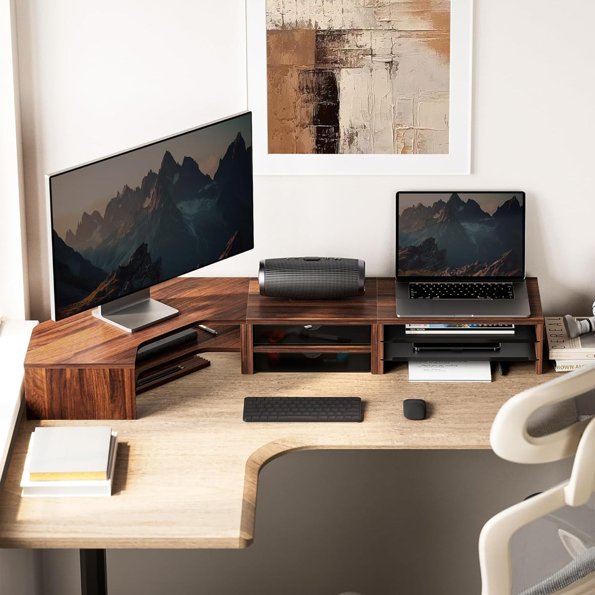 Fenge Dual Monitor Stand, Corner Desk Shelf with Drawer & Slide-Out Tray