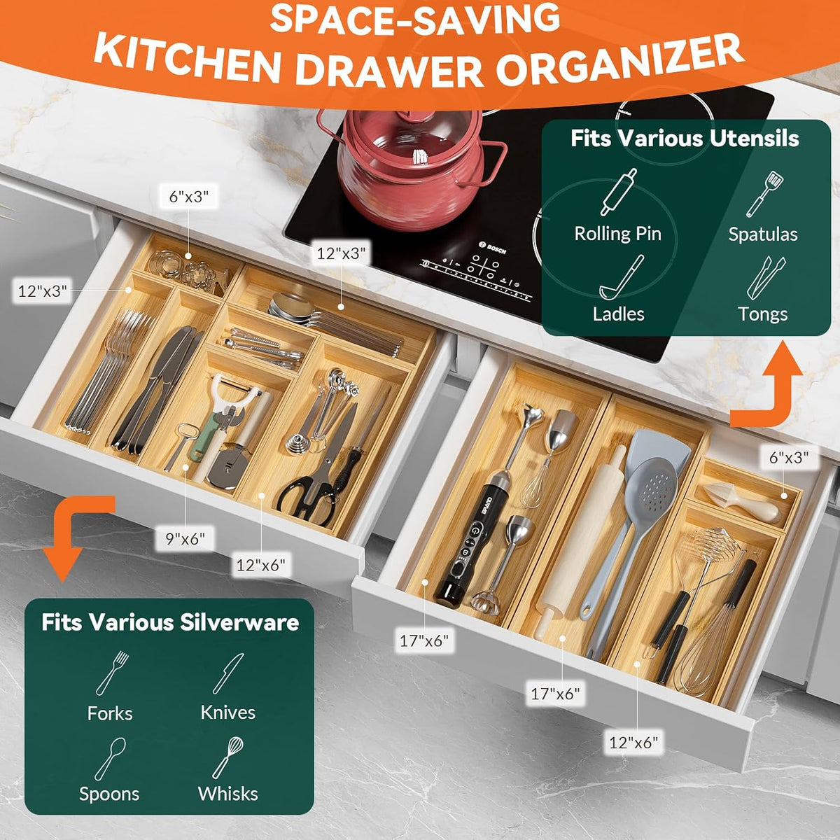 Lixple Bamboo Kitchen Drawer Organizer, 2 Pack, 17" x 6" x 2"