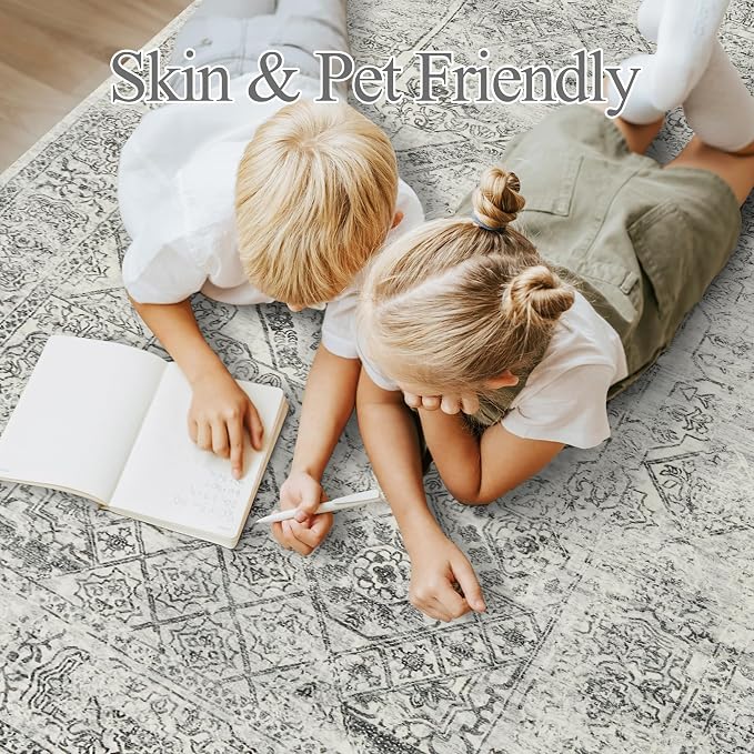 Soalmost 5x7 Area Rugs Grey Low Pile Indoor Washable Trendy Faded Style Floral