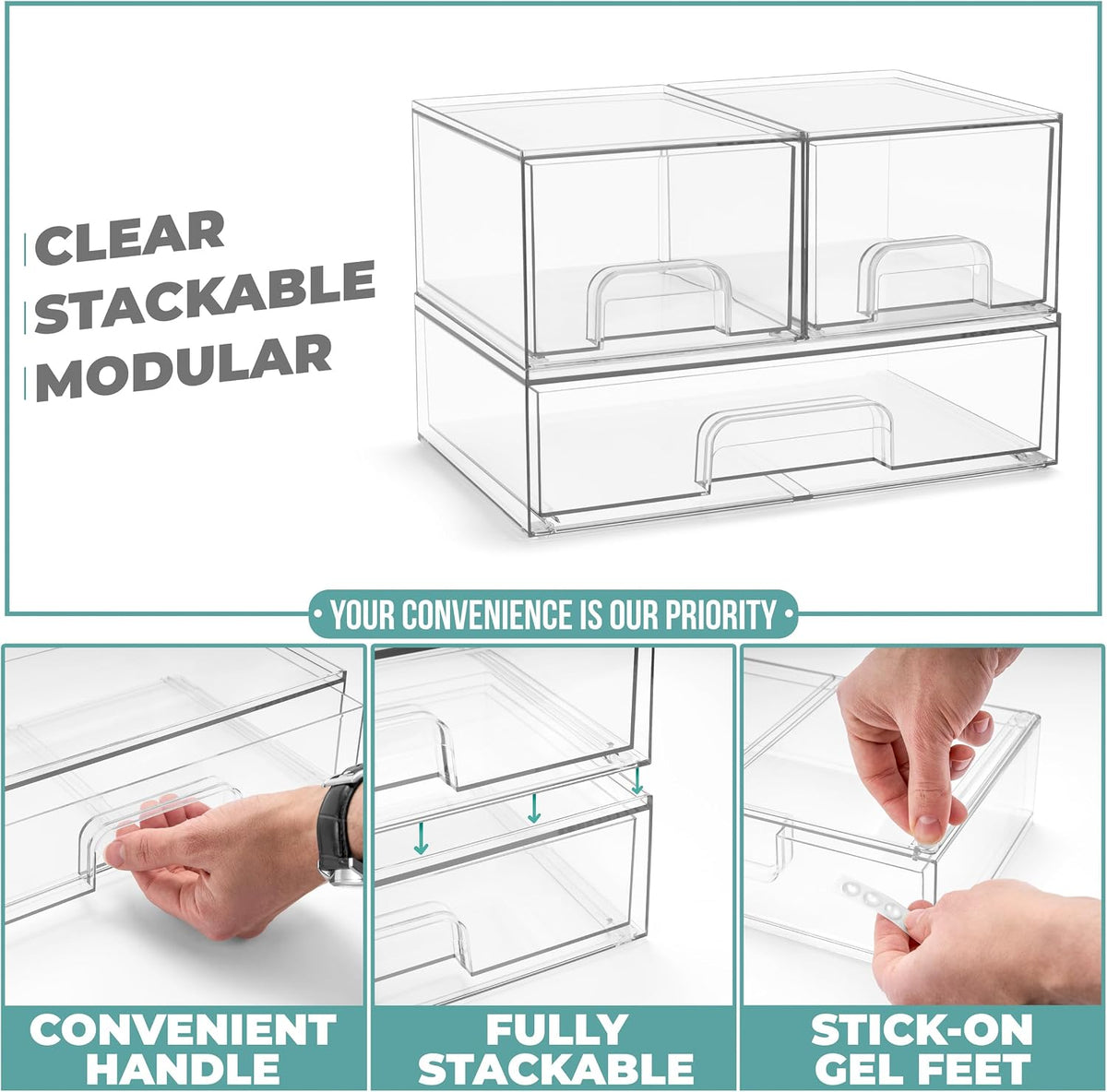 Sorbus Clear Stackable Storage Drawers (3 Pack, 4.4'' Tall and 12.1'' Wide)