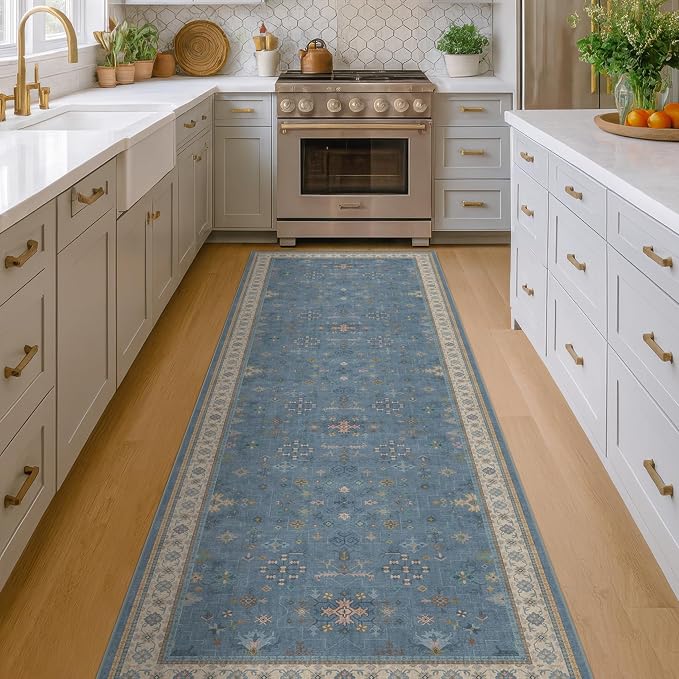 Boho 2'6"x10' Wide Runner Rugs for Hallway Non Skid- 10ft Light Blue Washable
