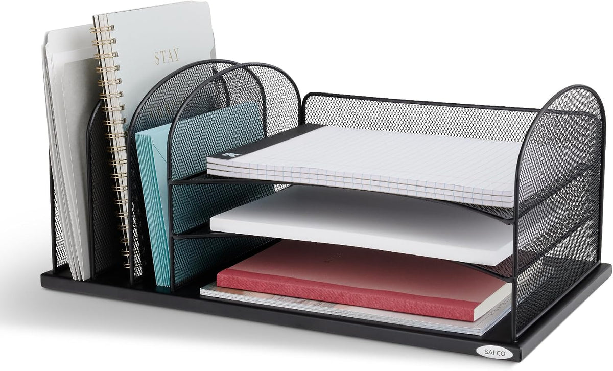 Safco Onyx Desk Organizer, 3 Vertical Compartments and 3 Trays, Office and Classroom Mailbox , Paper and Mail Sorter, Steel Mesh, Black